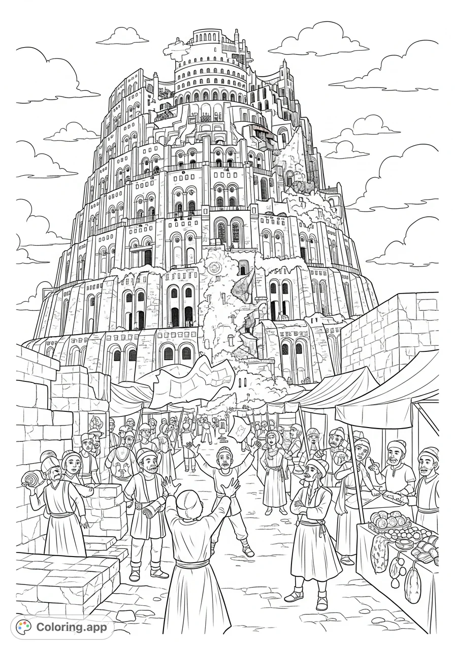 Explore the epic Tower of Babel coloring page, depicting a scene of grand architecture and human communication breakdown. Perfect for history enthusiasts.