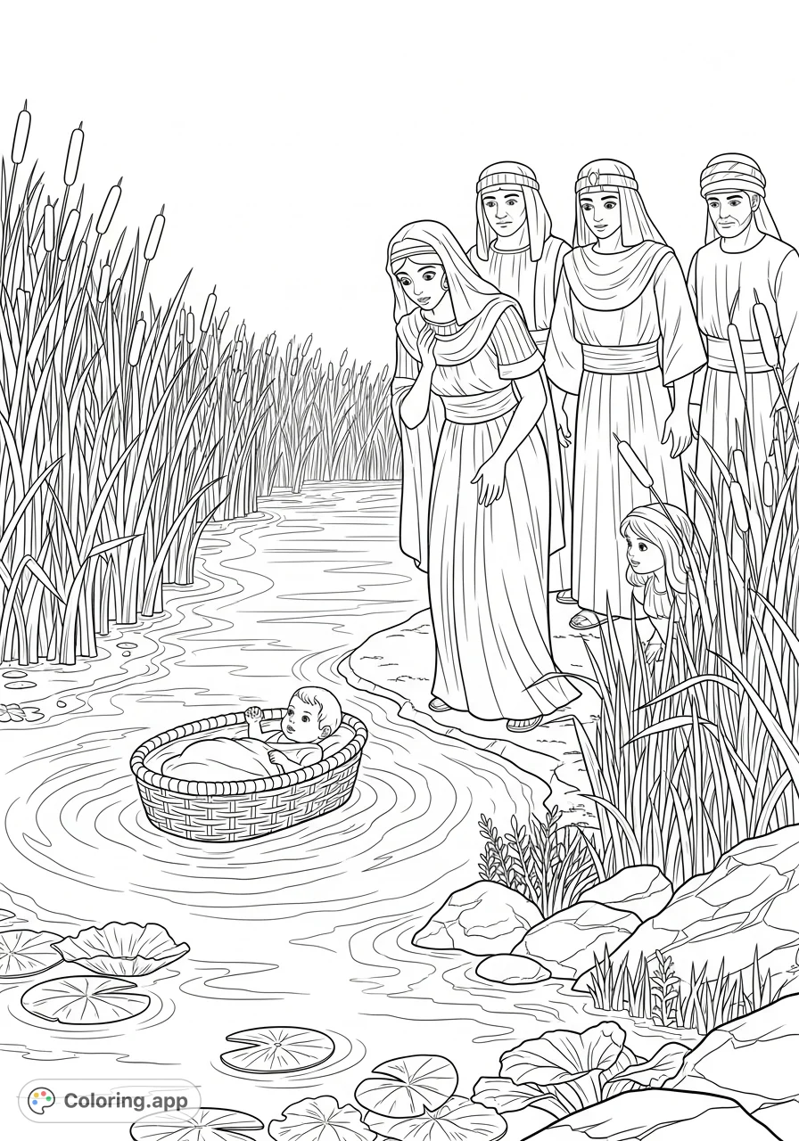 A poignant scene of baby Moses in a reed basket on the Nile, discovered by Pharaoh's daughter and her attendants, while his sister watches from a hidden spot.