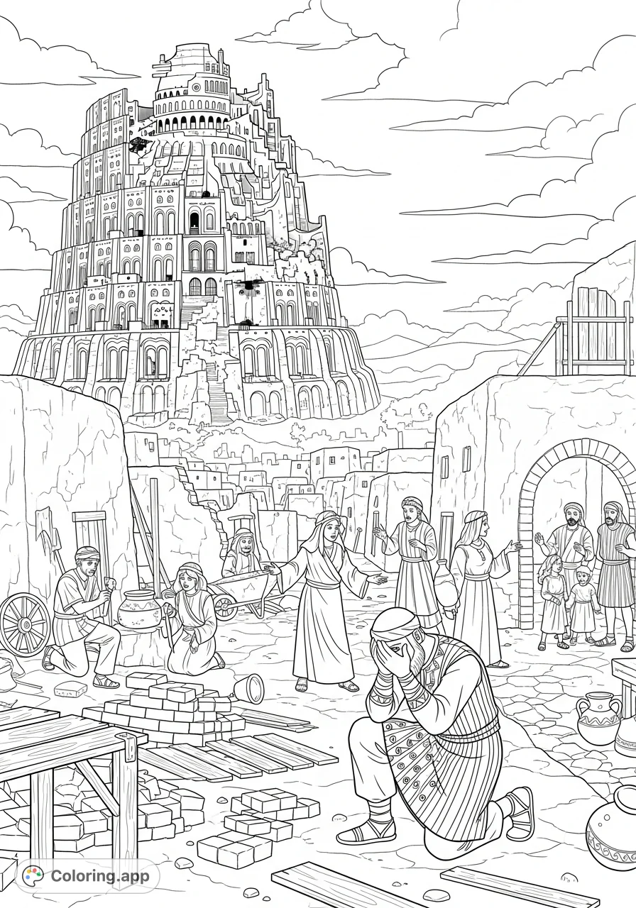 Discover the ancient tale of the Tower of Babel in this detailed coloring page, capturing the widespread confusion and chaos amidst unfinished construction.