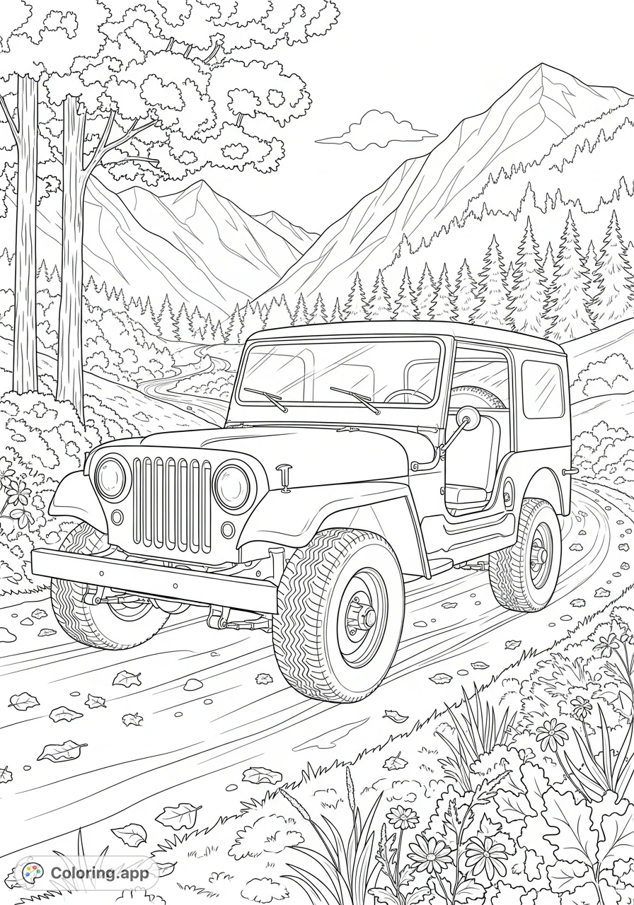 Color a beautifully restored classic CJ2a jeep hardtop exploring a rugged dirt mountain road amidst a detailed autumn landscape. Perfect for vehicle enthusiasts!