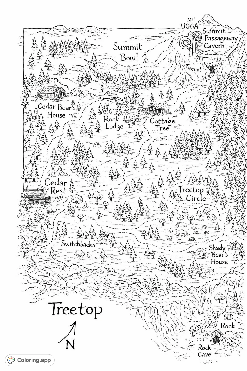 Explore an imaginative world with this detailed fantasy adventure map coloring page. Discover mountains, forests, and hidden locations awaiting your creative touch.