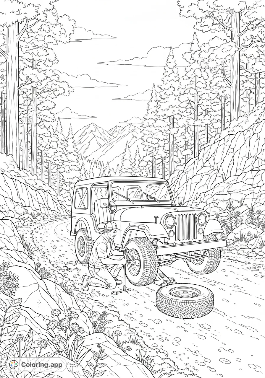 A detailed coloring page depicting a man changing a flat tire on a classic Jeep CJ5 hardtop on a rugged mountain forest road. Perfect for vehicle enthusiasts.
