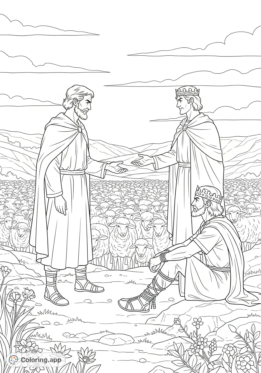 Experience the biblical drama of Samuel confronting King Saul. Features a captive Amalekite king, a vast sheep herd, and a rugged, open landscape.