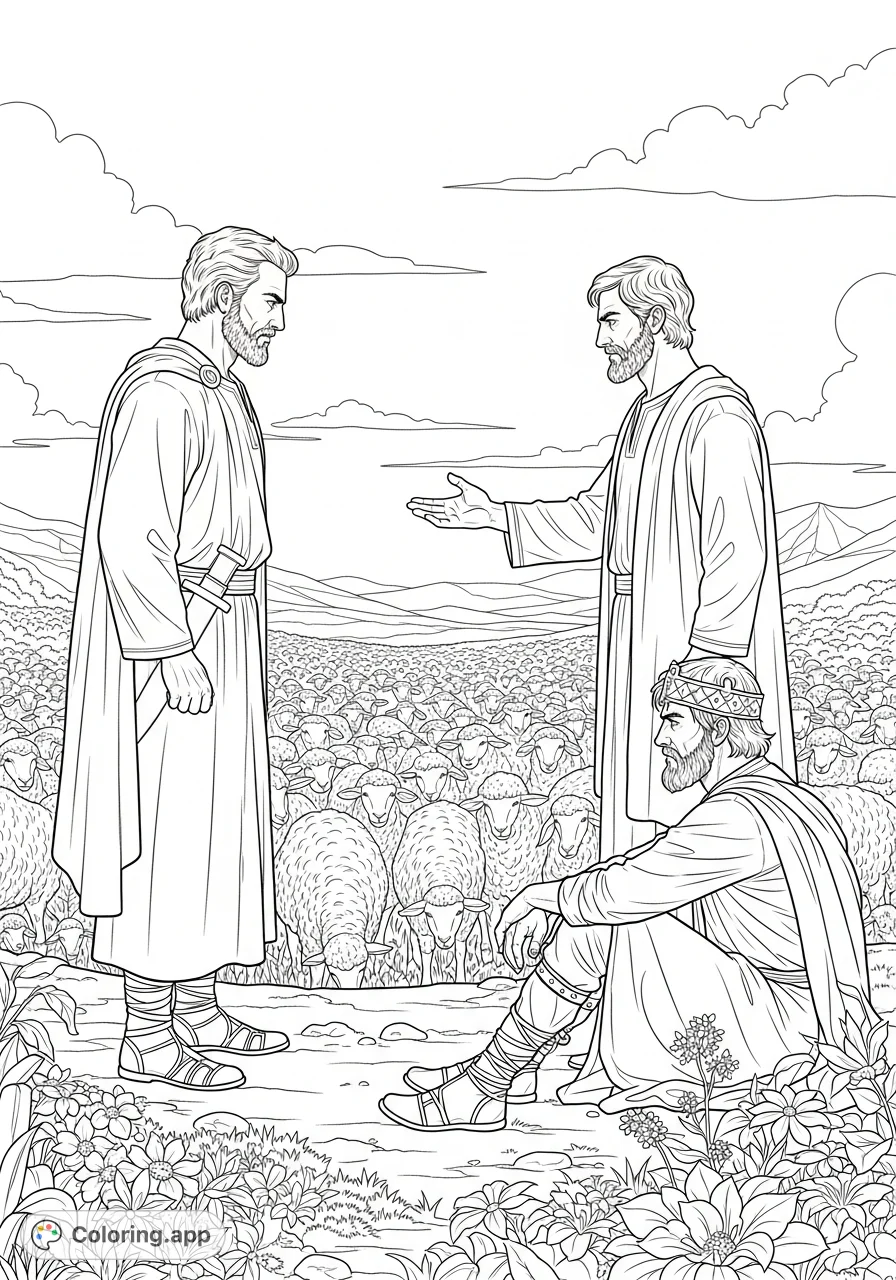 A powerful biblical scene depicting Samuel's stern rebuke of King Saul, with the captured Amalekite king and a textured flock of sheep in the background.