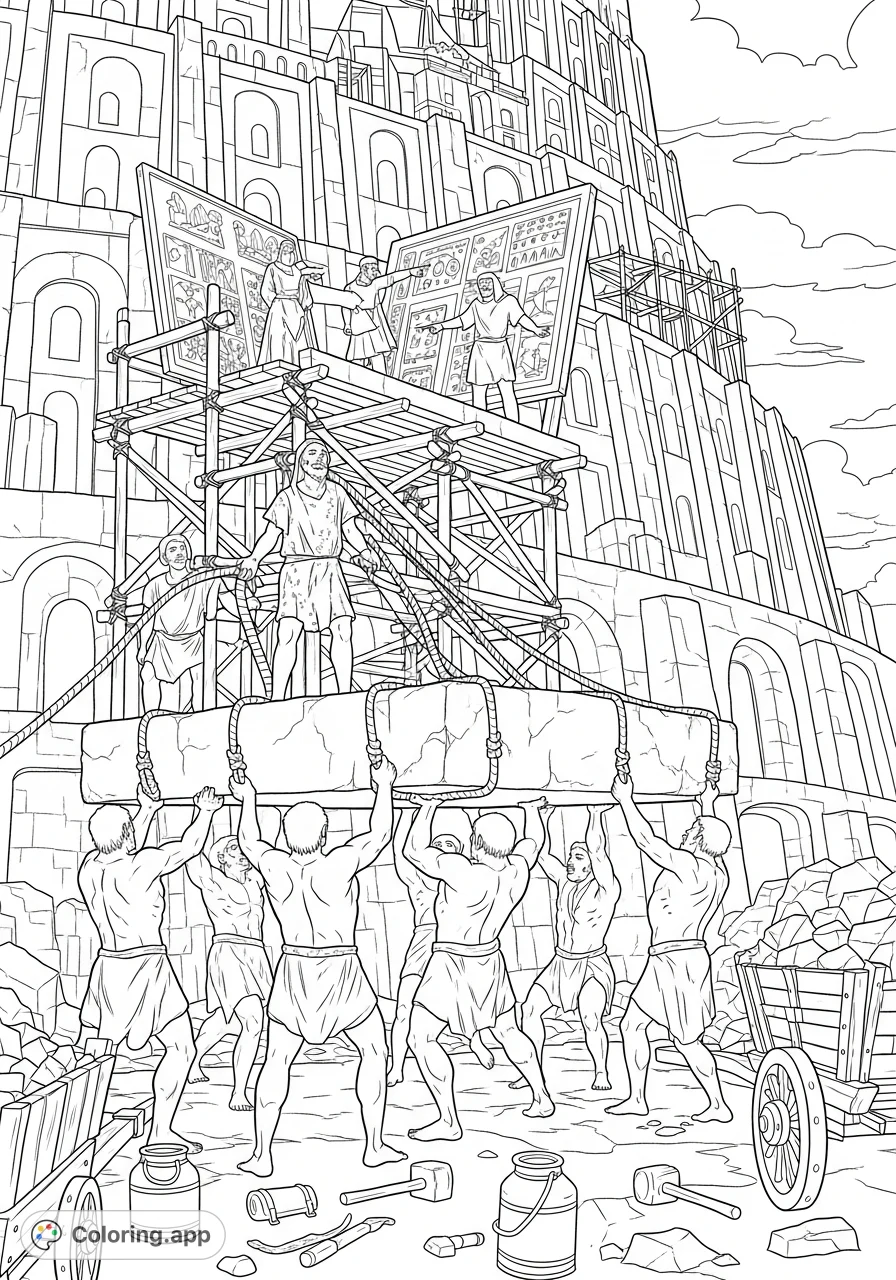 Witness the monumental effort of builders at the Tower of Babel. This intricate coloring page features straining figures, massive stone slabs, and complex scaffolding.