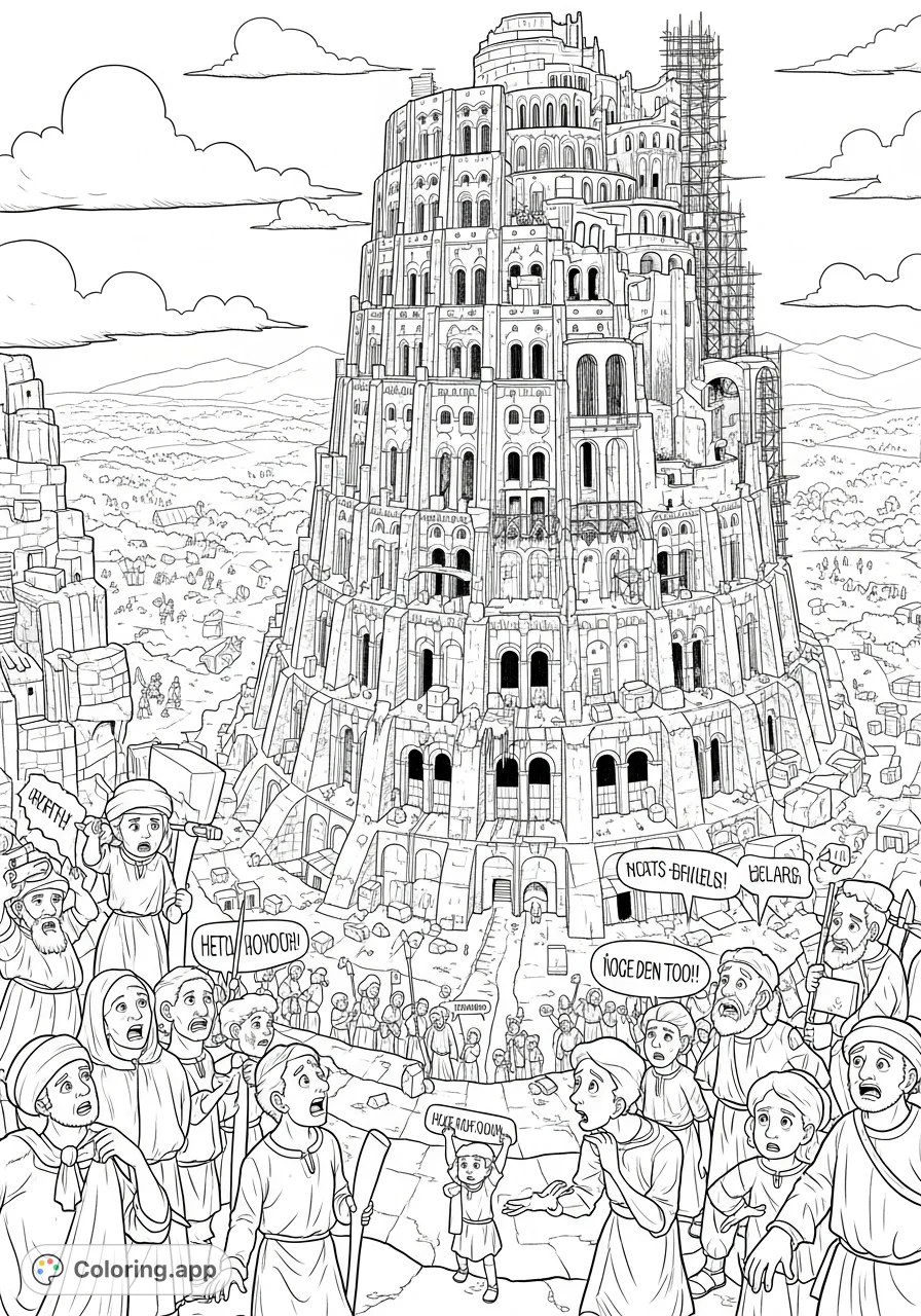 Explore the immense, partially built Tower of Babel with bewildered individuals struggling to communicate amidst a chaotic construction site. A complex historical scene.