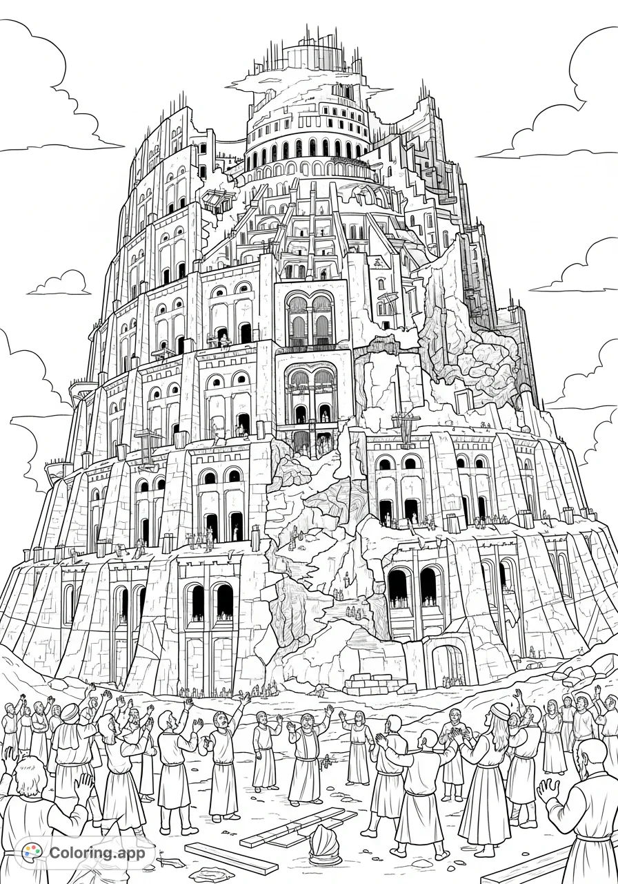 A dramatic Tower of Babel coloring page depicting a colossal, unfinished structure and chaotic groups of people at its base amidst construction debris.