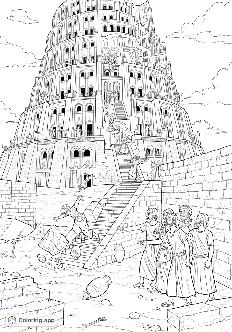 Explore the dramatic disarray at the Tower of Babel's lower levels. Workers are in chaos, a man falls, and broken tools litter the ground in this historical scene.