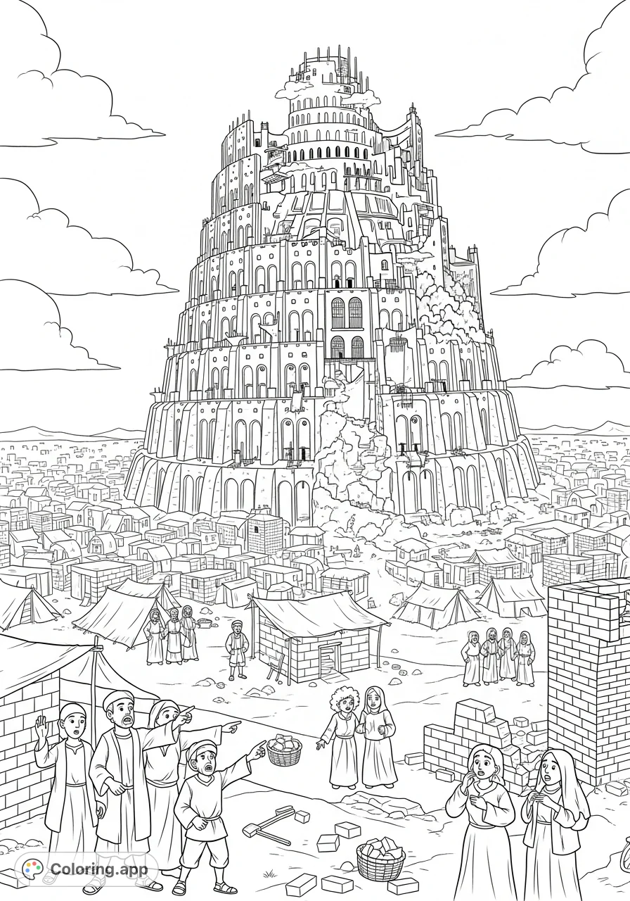 Explore the colossal, unfinished Tower of Babel coloring page, depicting spiraling tiers, scattered brick dwellings, and bewildered figures amidst an arid landscape.