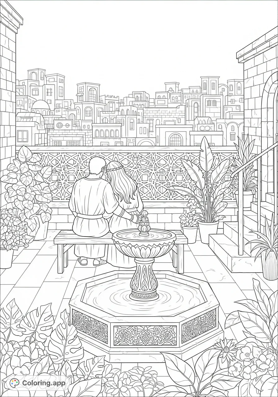 A detailed ancient Jerusalem coloring page depicting Uriah the Hittite and Bathsheba on a rooftop patio, observing a grand, intricately carved fountain.