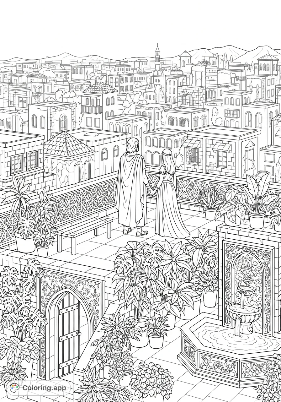 Witness Uriah the Hittite and Bathsheba on an ancient Jerusalem rooftop, gazing over a detailed cityscape, surrounded by ornate railings and exotic plants.