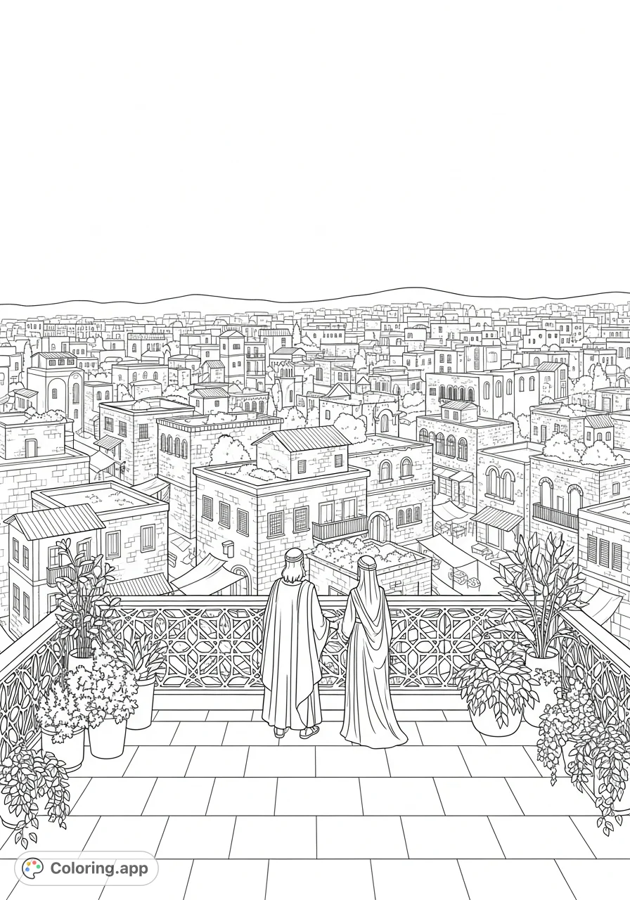 Uriah and Bathsheba gaze from an ornate rooftop over ancient Jerusalem's detailed cityscape, market activity, and distant hills. A historical printable coloring page.
