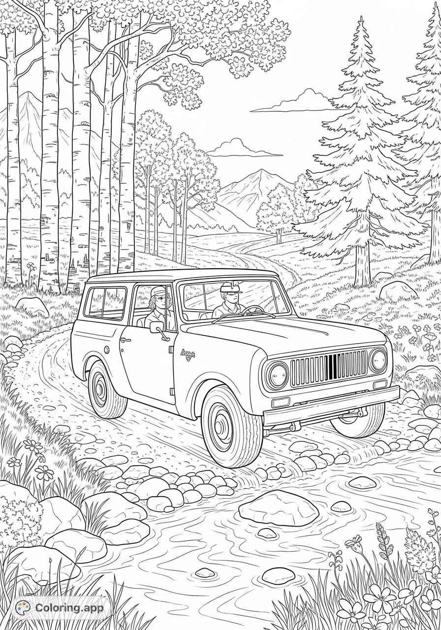 Embark on an off-road adventure with this detailed 1963 International Scout hardtop wagon crossing a creek in a scenic mountain meadow.