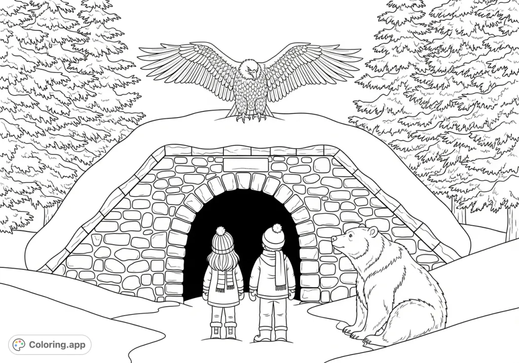 Children explore a snowy stone tunnel, observed by a majestic eagle and a friendly grizzly bear. A captivating winter adventure scene for all ages!