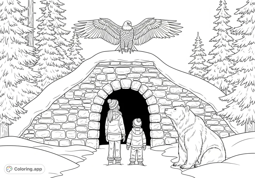 Explore a snowy adventure! A seven-year-old girl and a five-year-old boy meet a majestic eagle atop a stone tunnel and a grizzly bear among the snow drifts.