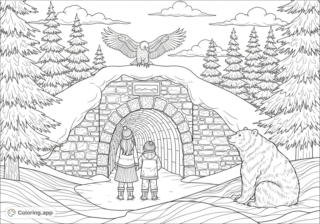 A captivating winter adventure featuring children, an eagle, and a grizzly bear near a snow-covered stone tunnel entrance amidst towering coniferous trees.