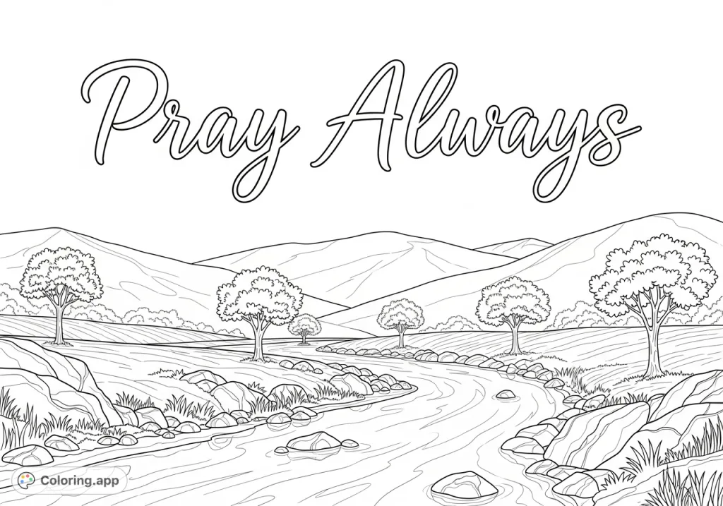 A serene landscape featuring the words "Pray Always" above a winding river and rolling hills, offering a peaceful scene for reflection and creative expression.