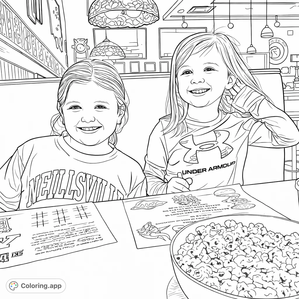 Two happy girls enjoy a restaurant outing with placemat activities and popped corn. Perfect for capturing childhood joy and creativity on paper.