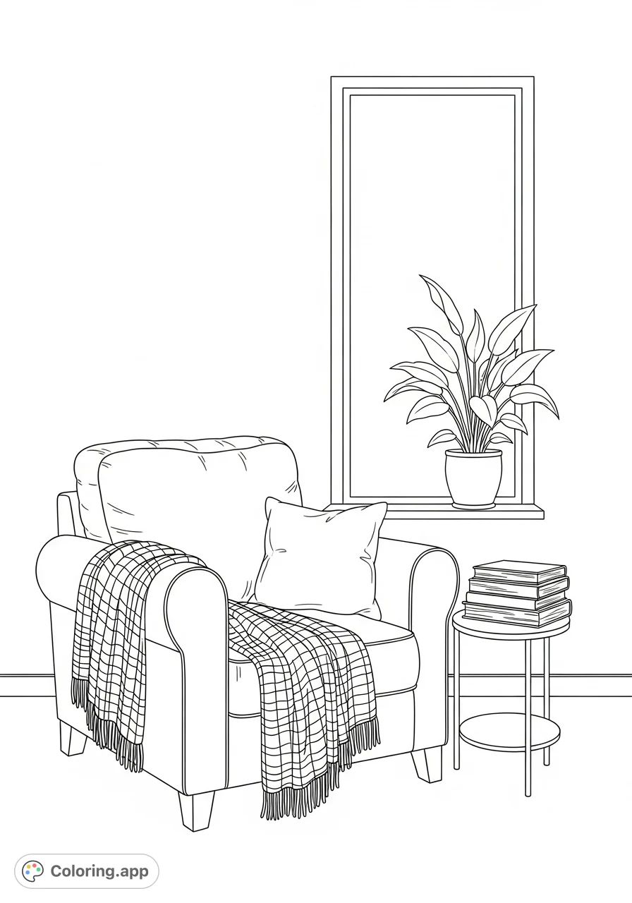 Discover a tranquil reading nook with a plush armchair, inviting books, and a potted plant by a sunlit window. A perfect free printable coloring page for relaxation.