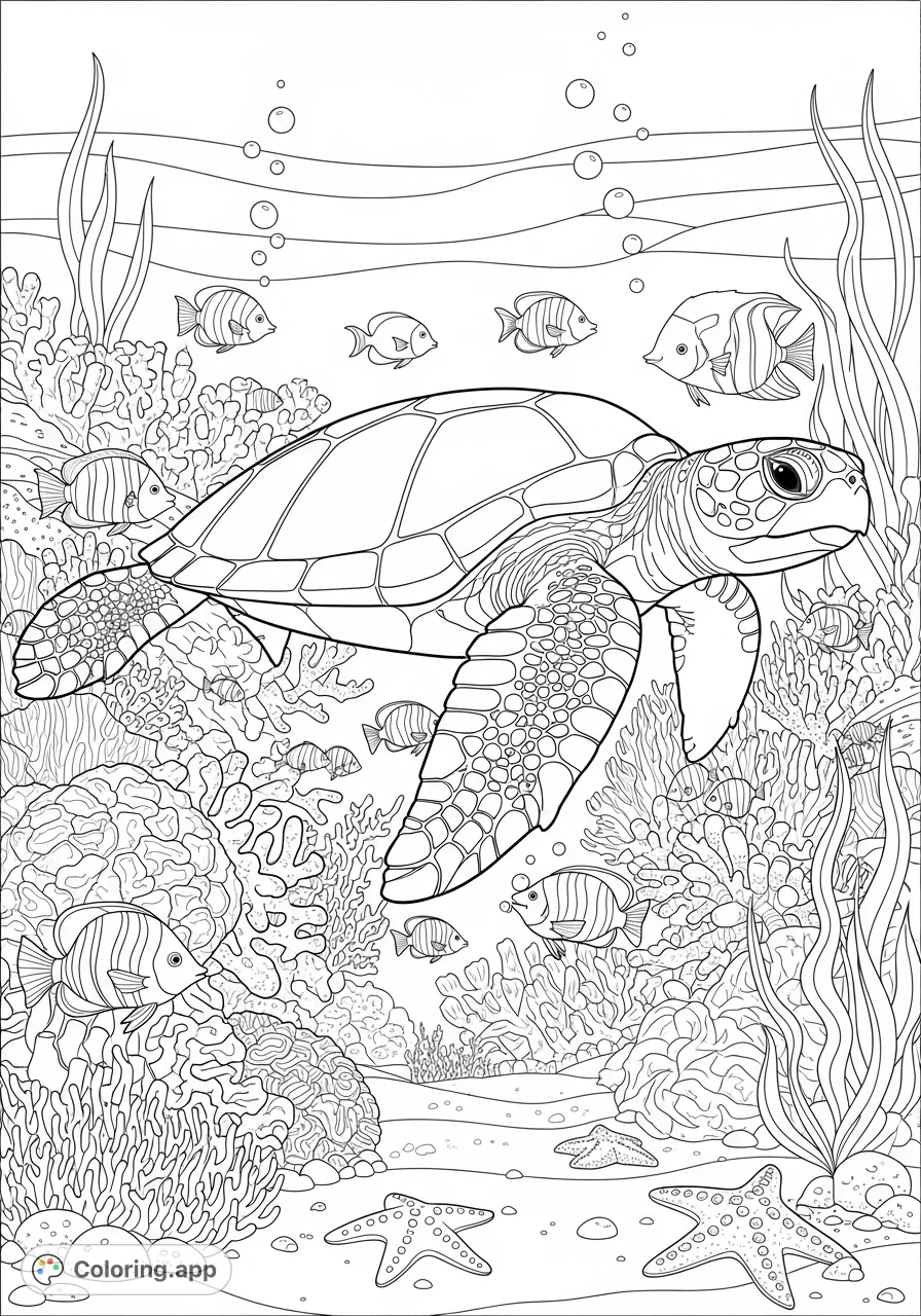 Explore a serene underwater world with a majestic sea turtle, intricate coral, and playful fish. A detailed marine life coloring page for all ages.