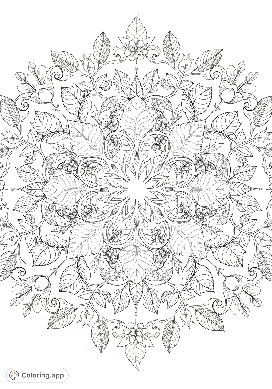 Unleash your creativity with this intricate botanical mandala coloring page. A symmetrical design of leaves, flowers, and vines offers a complex yet harmonious challenge.