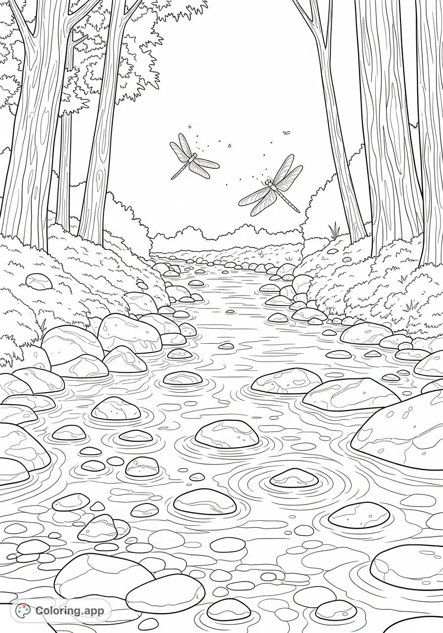 A tranquil stream flows over river stones, bordered by mossy banks and tall trees. Dragonflies hover above the clear water, with light reflections on the surface.
