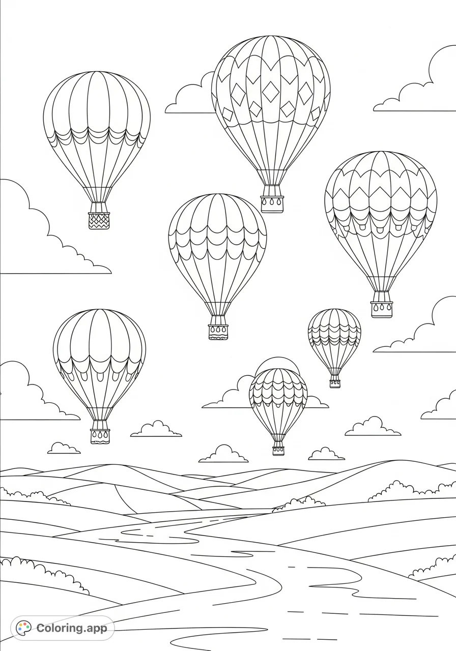 Float into a serene world with whimsical hot air balloons drifting above rolling hills and a winding river. A peaceful coloring escape awaits.