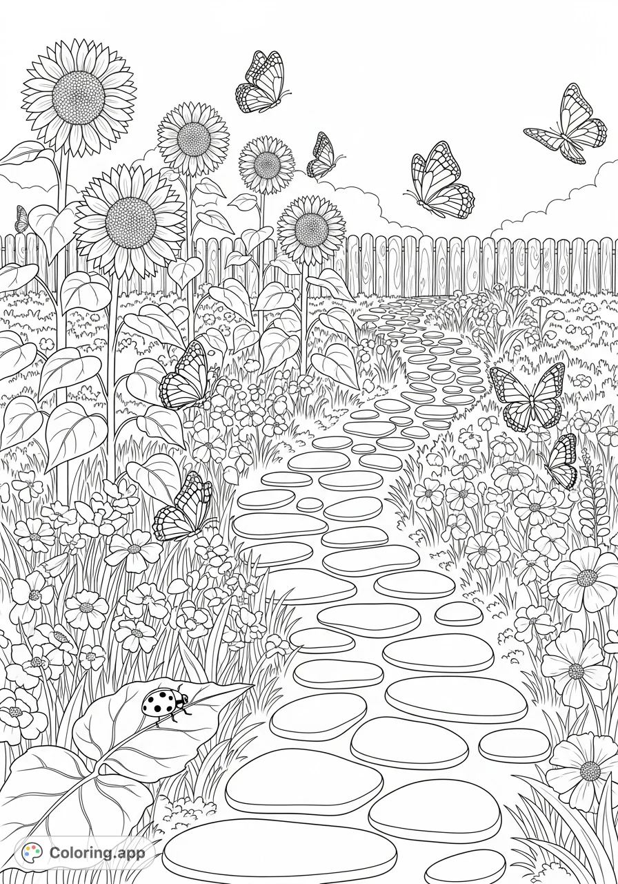 Explore a charming garden path winding through a flower bed with sunflowers, delicate wildflowers, fluttering butterflies, and a tiny ladybug. A serene nature coloring page.