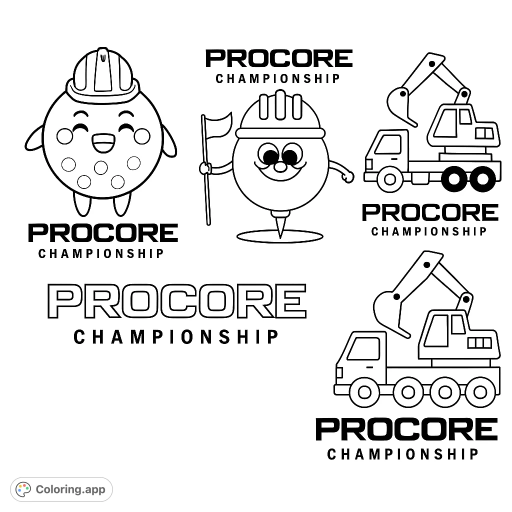 Three fun cartoon illustrations featuring golf ball characters in hard hats and a construction excavator, perfect for a golf and construction themed coloring page.