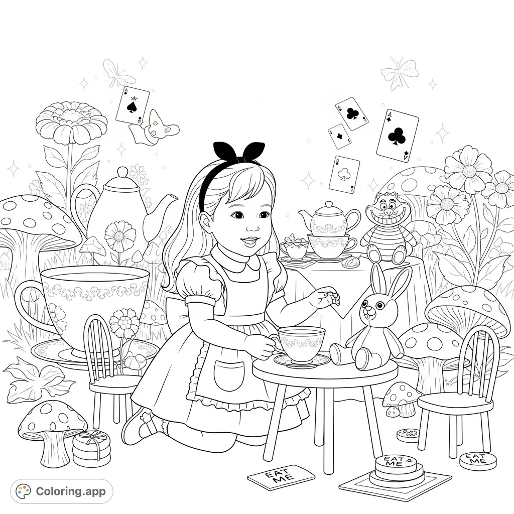 A delightful Alice in Wonderland coloring page featuring a little girl dressed as Alice at a whimsical tea party with iconic characters and magical elements.