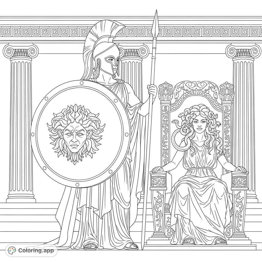A dramatic Greek mythology coloring page featuring the goddess Athena with her Aegis shield facing Medusa on her ornate throne. Intricate details await your colors.