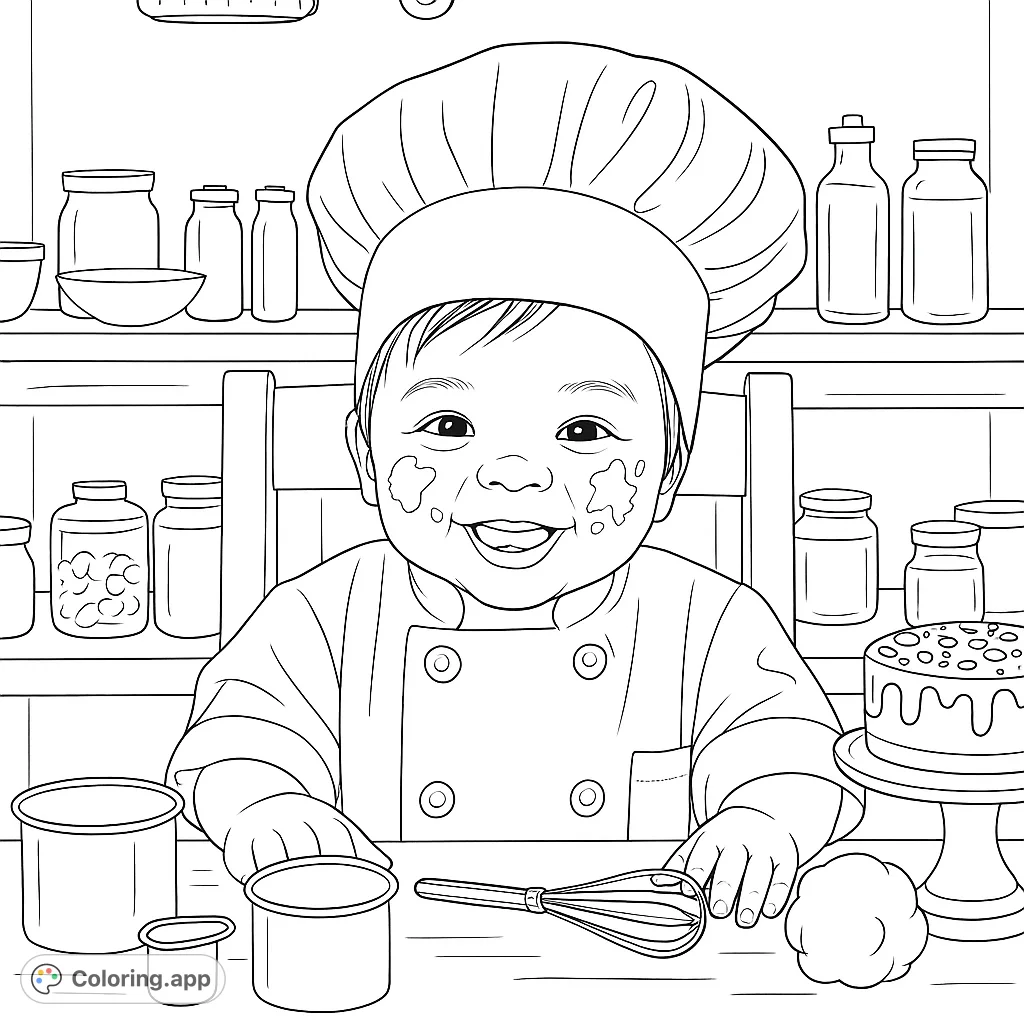 A delightful baby chef, covered in flour and smiles, ready for a baking adventure. Features kitchen tools and a sweet cake, perfect for aspiring young cooks.