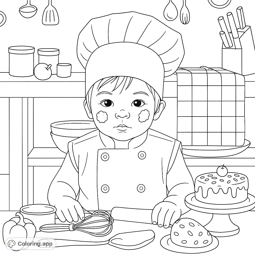 An adorable baby chef, covered in flour, ready to bake with a rolling pin and whisk. A delightful kitchen scene with a decorated cake.