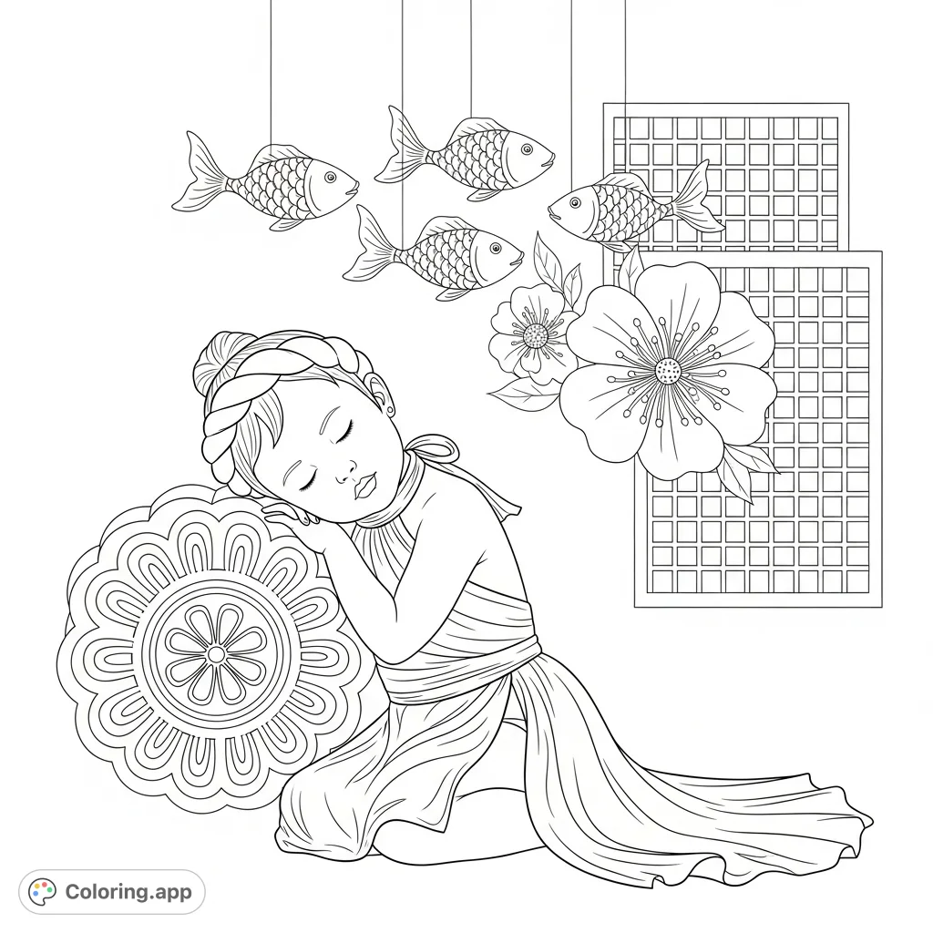 A charming Mid-Autumn portrait of a Vietnamese baby, peacefully resting against a mooncake prop, surrounded by traditional festive decorations.
