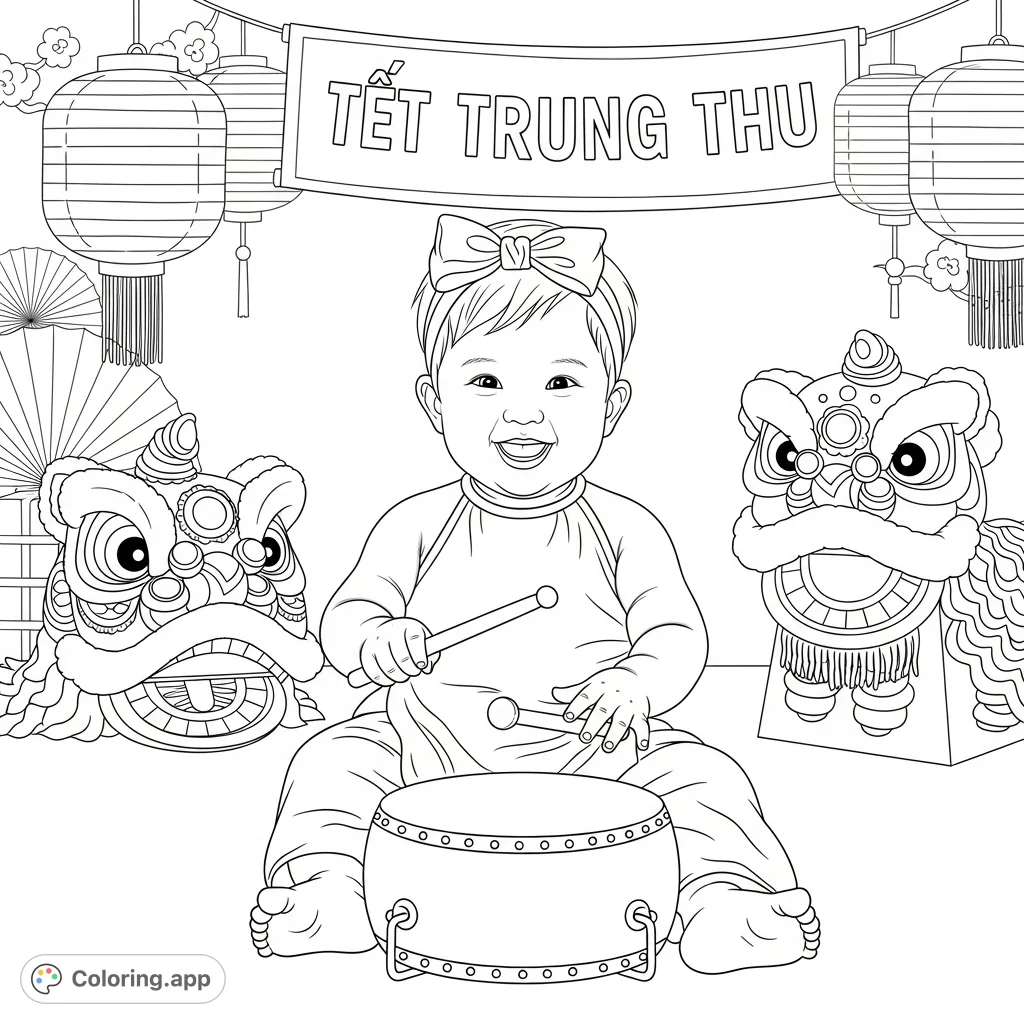 A delightful Mid-Autumn Festival scene featuring a 1-year-old baby girl in traditional Vietnamese attire, joyfully playing a drum amidst festive decorations.
