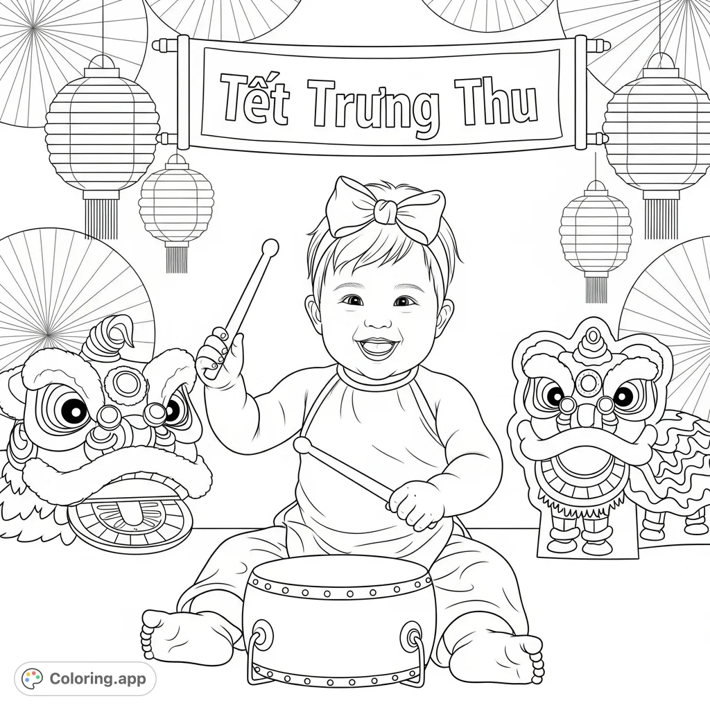 A delightful Mid-Autumn Festival scene featuring a 1-year-old baby girl in traditional Vietnamese attire, joyfully playing a drum amidst festive decorations.