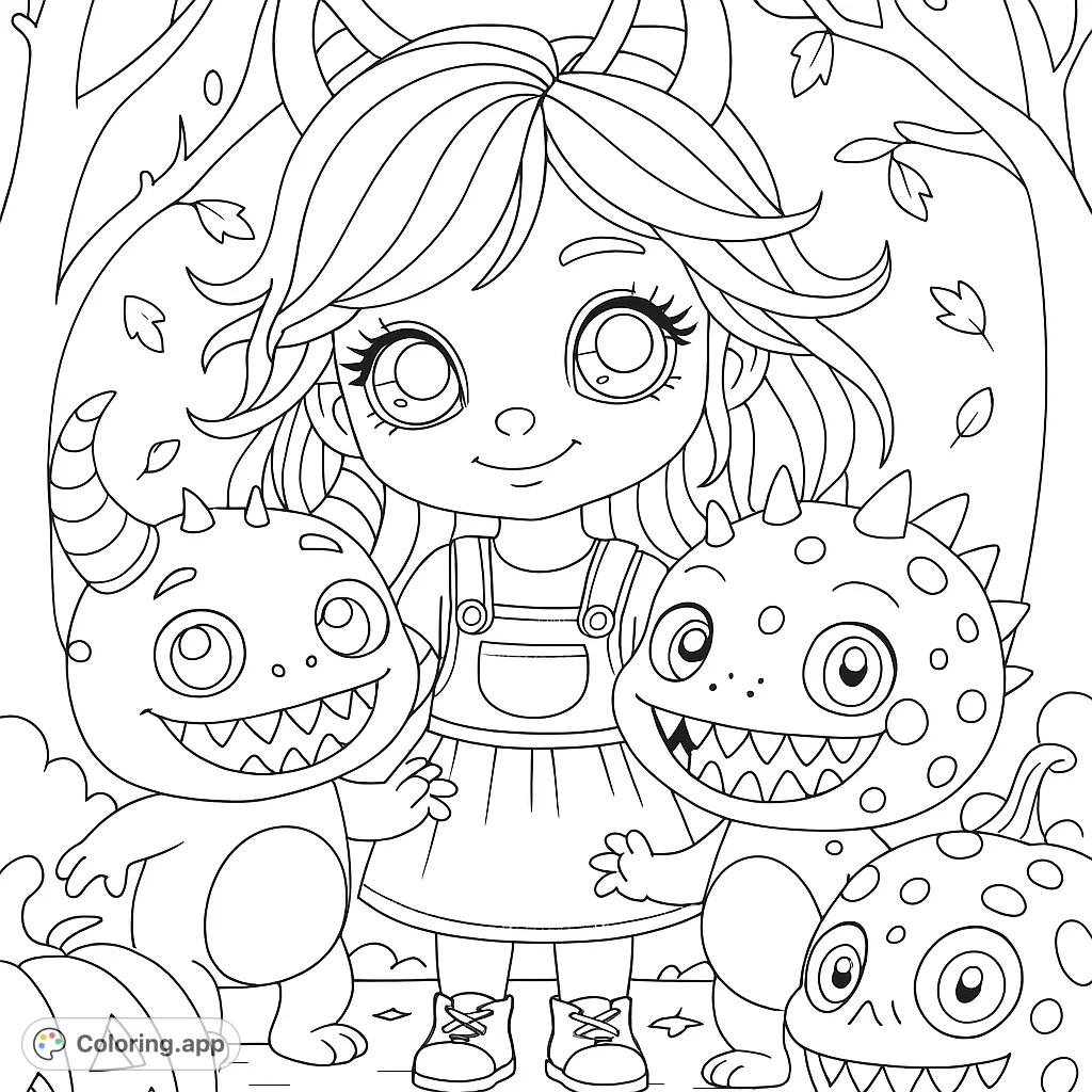 Join a charming character and their adorable monster friends for a festive Halloween adventure! A delightful scene filled with pumpkins and autumn leaves.