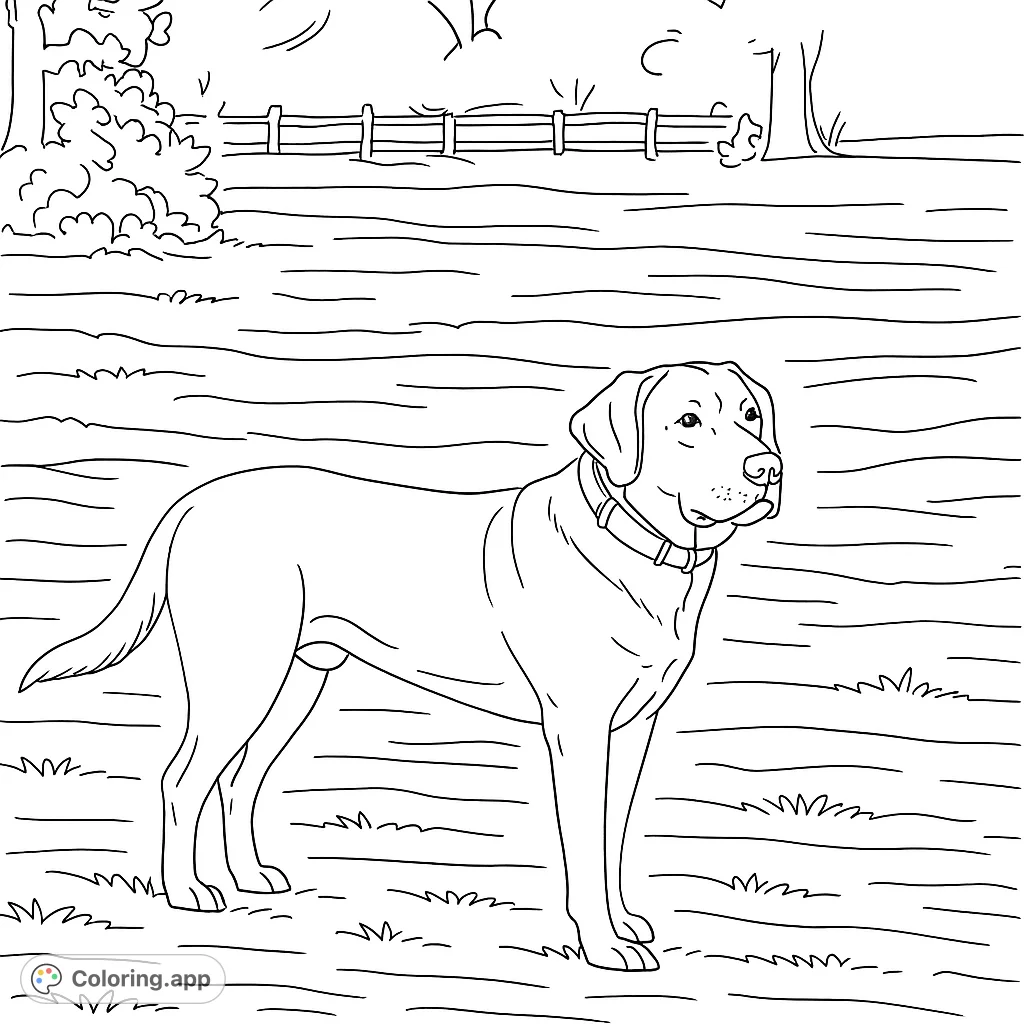 A charming Labrador stands attentively in a grassy field, ready for a playful adventure. Perfect for dog lovers to bring to life with their favorite hues.