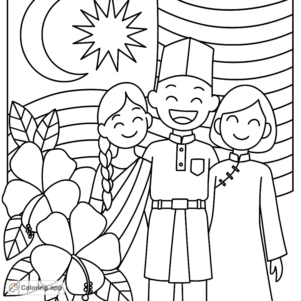 Celebrate unity with this coloring page featuring three smiling figures in traditional attire, a national flag, and tropical flowers. Perfect for cultural appreciation.