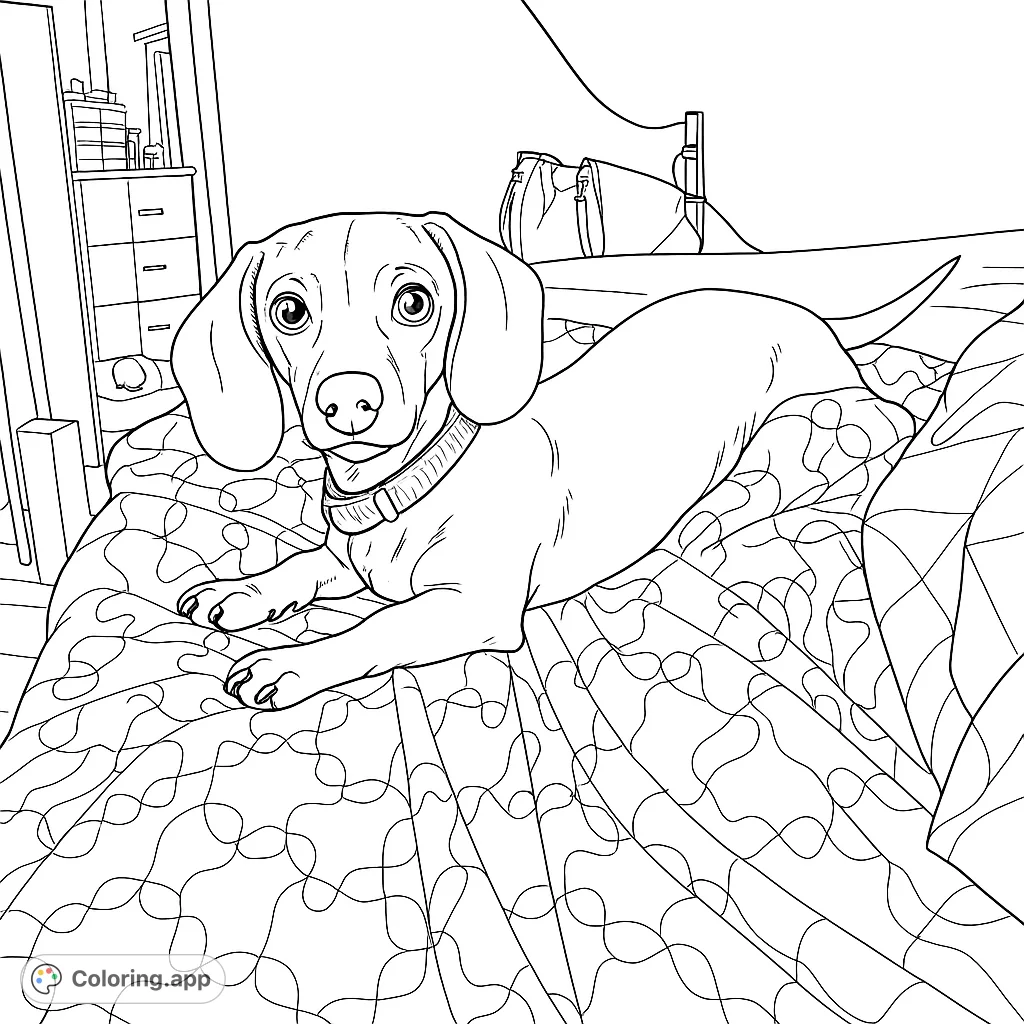 A charming dachshund rests peacefully on a patterned bed, inviting colorists to bring this cozy scene to life with their favorite hues. Perfect for dog lovers!