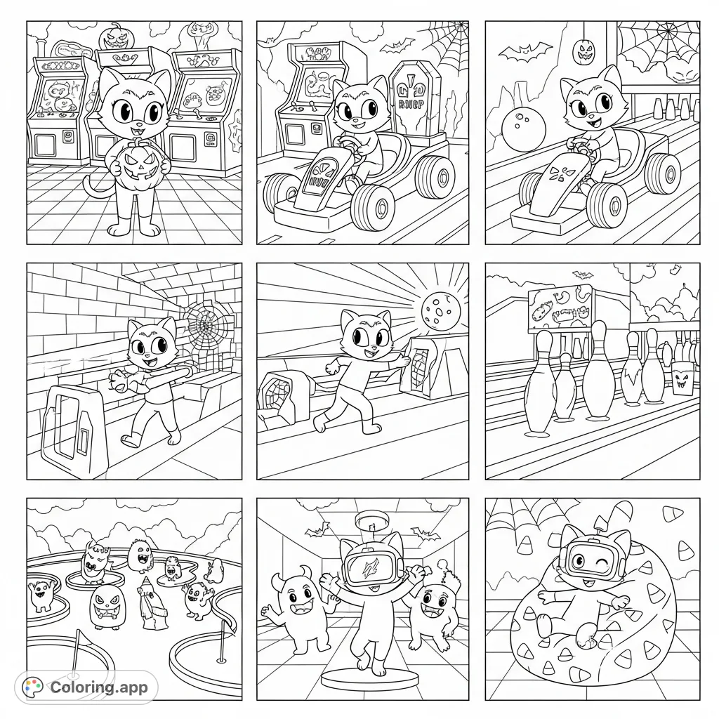 Join Midnight the Cat on a whimsical Halloween adventure at Elev8 Fun, featuring arcade games, go-karts, bowling, and dancing monsters. A playful, simple design.