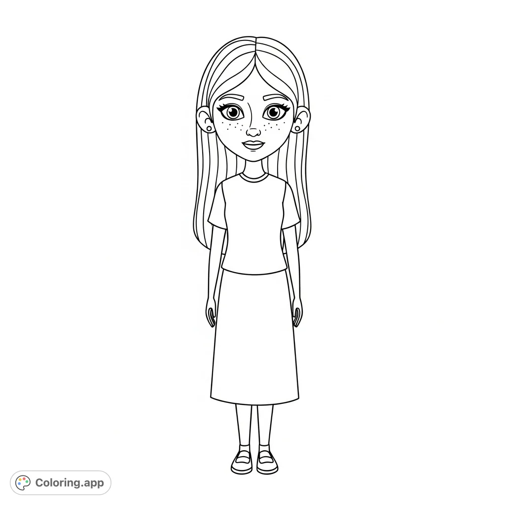A charming girl with long, straight hair, a t-shirt, skirt, and shoes, ready for a creative coloring adventure. Perfect for young artists!