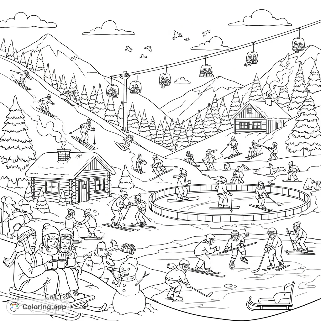 Immerse yourself in a lively winter holiday scene featuring skiers, snowboarders, ice skaters, and a family by a cozy cabin, all set against a snowy mountain backdrop.