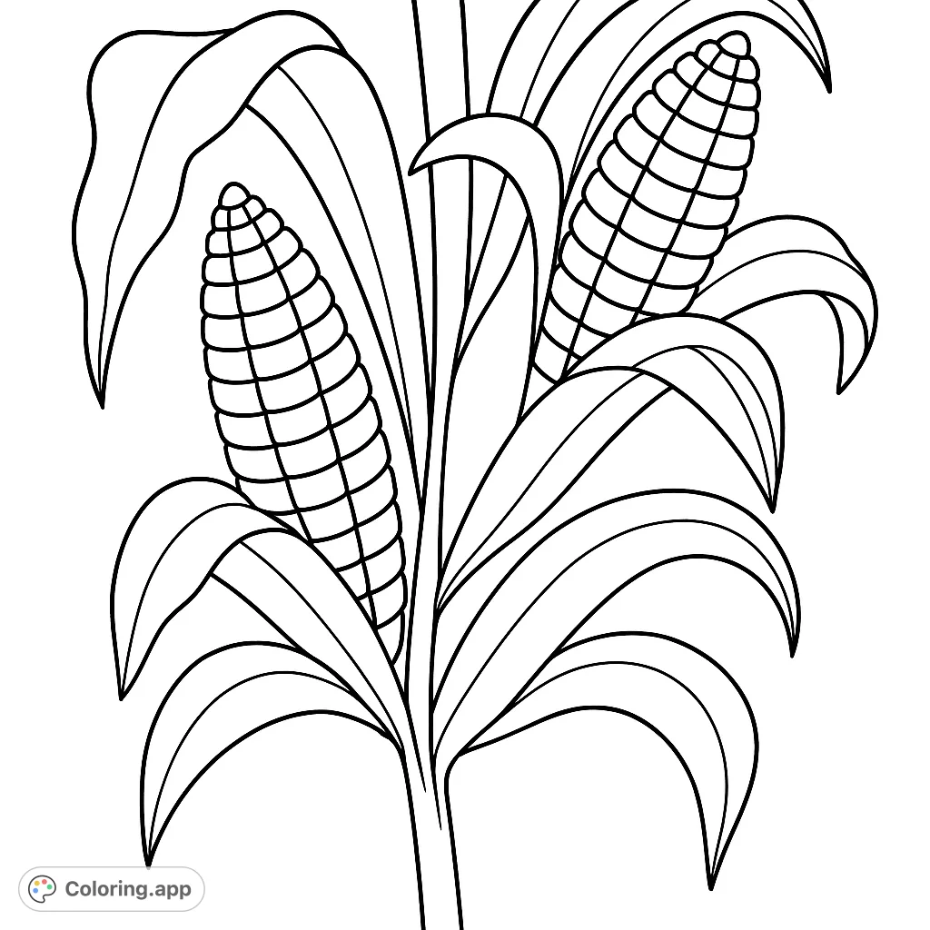 A detailed corn stalk with two ears of corn, perfect for celebrating harvest season or learning about farm life. A delightful farm coloring page.