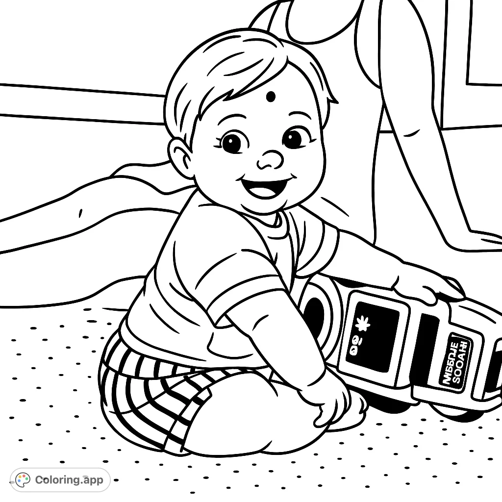 A delightful baby coloring page featuring a happy infant sitting with a large toy vehicle. Perfect for young artists to explore creativity and fine motor skills.