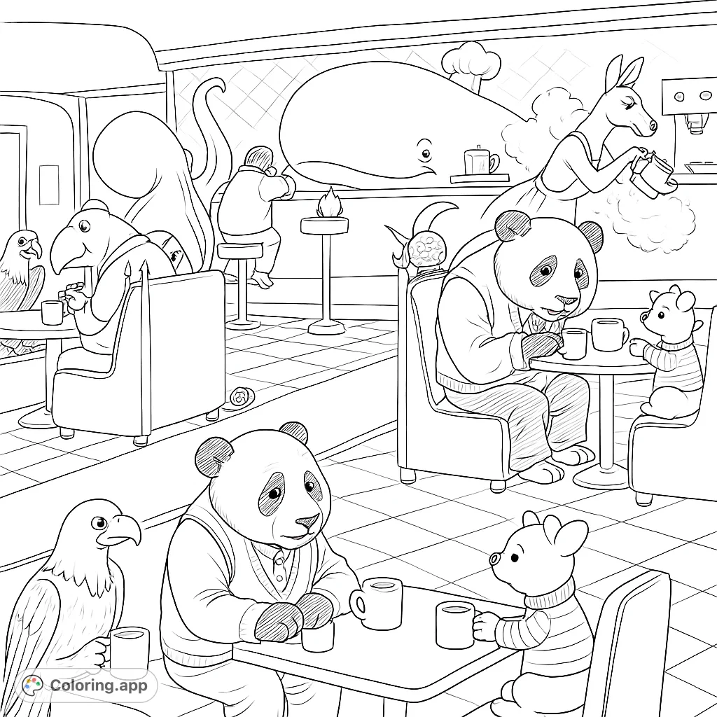 A whimsical diner scene featuring various animals like a panda, kangaroo, whale, and octopus enjoying a meal. Perfect for creative coloring fun.