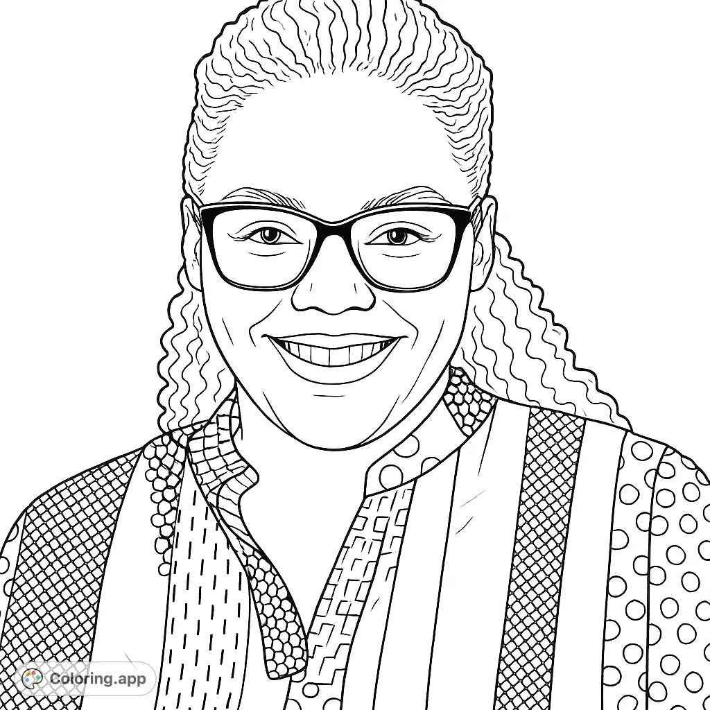 A captivating portrait of a smiling woman wearing glasses and a uniquely patterned shirt, offering intricate details for a rewarding coloring experience.