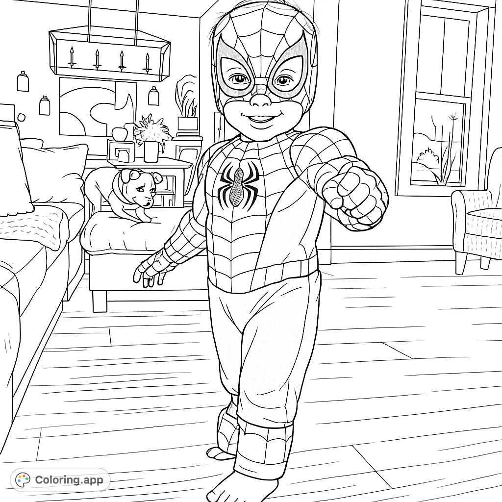 A joyful child in a superhero costume, ready for adventure! This fun coloring page features a web-patterned suit and a playful pose in a cozy home setting.