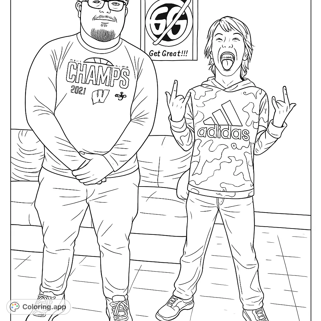A fun coloring page featuring two friends striking playful poses, perfect for capturing moments of joy and camaraderie. Express yourself with vibrant colors!