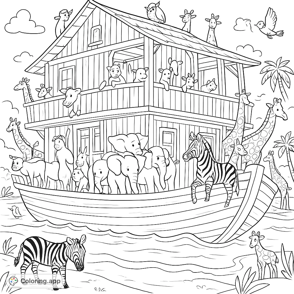Embark on a grand adventure with this Noah's Ark coloring page, featuring a majestic wooden vessel filled with pairs of diverse animals on a sandy shore.